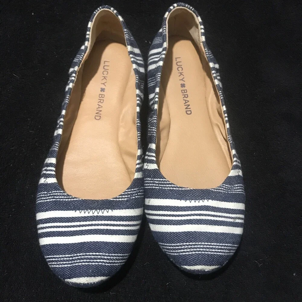 Lucky Brand Emmie Navy Blue & White Striped Ballet Flats Sz 7.5M Nautical Preppy
